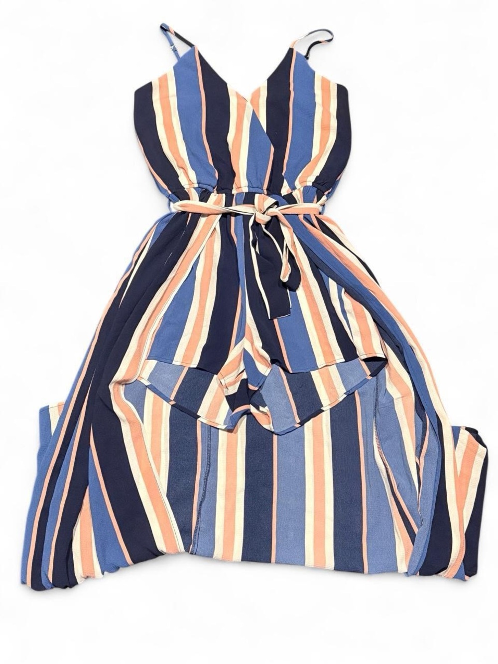 Navy, Blue & Peach Striped Sleeveless Tie-Waist jumpsuit dress
